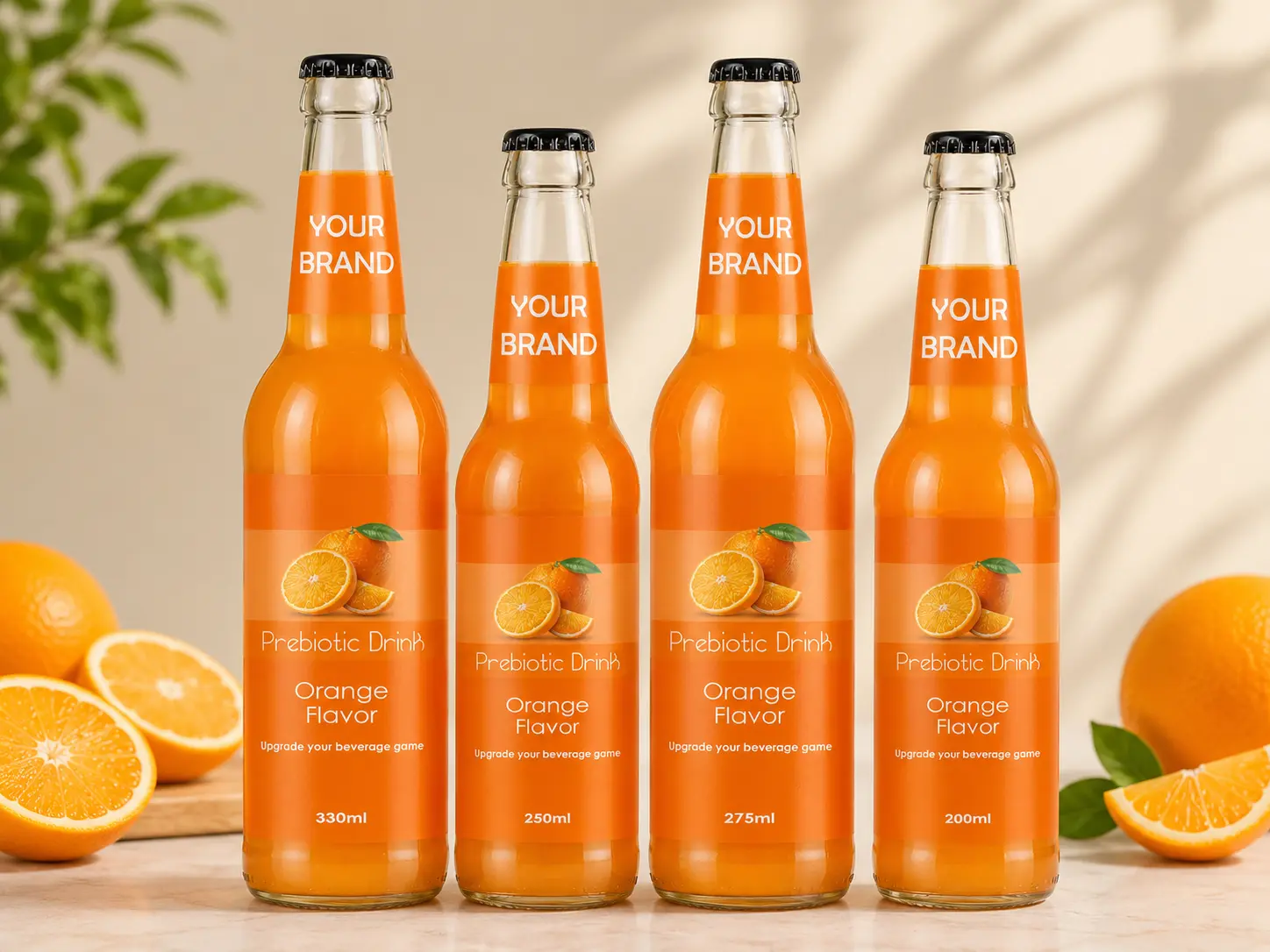 PREBIOTIC DRINK Orange Flavor 330ml, 250ml, 275ml and 200ml glass bottles.